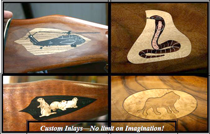  a.. Blackhawk helicopter picture: A "work in process" custom inlay of a Blackhawk helicopter, executed in ebony on a zebrawood background on a Mark V Weatherby stock, by Western Hunter Classics b.. (Cobra coiled): Western Hunter Classics can custom design inlays to your specifications - here's a Cobra, inlaid on a Weatherby Varmintmaster stock, using striped ebony on a myrtlewood background! c.. Prairie dogs: A school of prairie dogs created with burl Myrtlewood on an ebony background - a custom inlay by Western Hunter Classics on a Weatherby Mark XXII rifle. d.. SCI lion logo: Safari Club International lion logo, re-created in burl myrtlewood on a Weatherby Mark V lazermark stock - another Western Hunter Classics custom design.